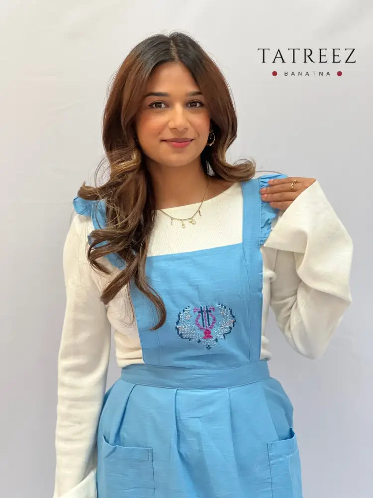 Handmade Blue Aprons with Geometric Tatreez Motif Clothing & Wearables