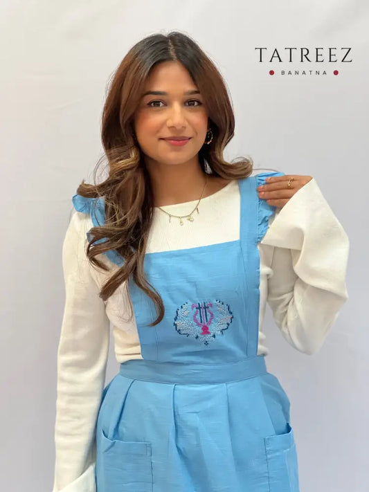 Handmade Blue Aprons with Geometric Tatreez Motif Clothing & Wearables