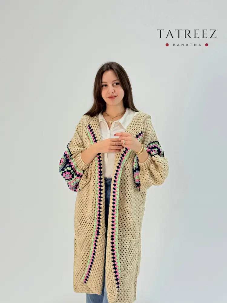 Handmade crochet cardigan in beige with bright color granny squares, oversized cozy boho layering piece