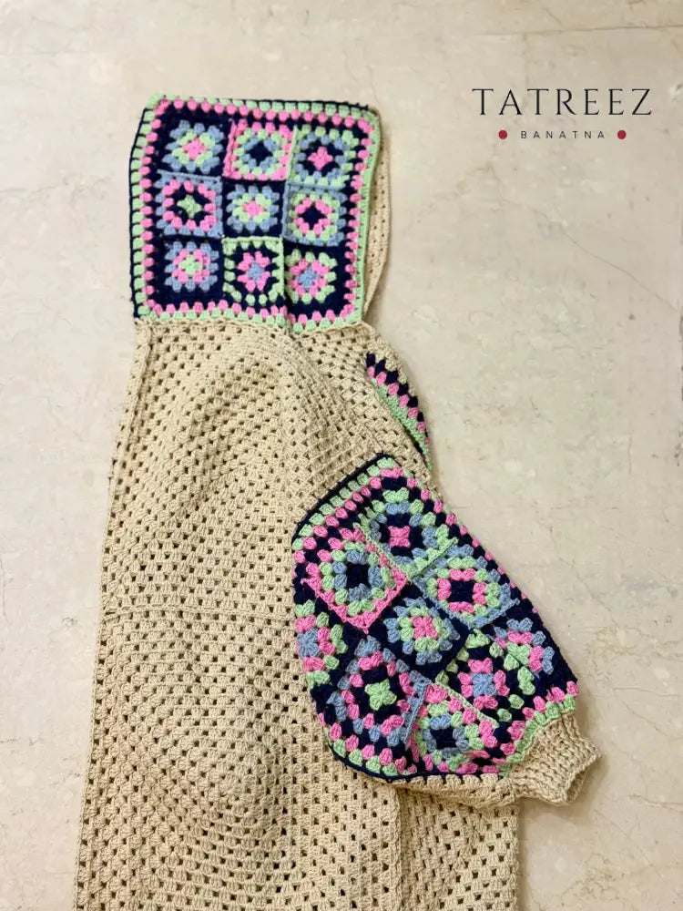 Handmade Crochet Beige Cardigan with Bright Colors | Tatreez Banatna Clothing & Wearables