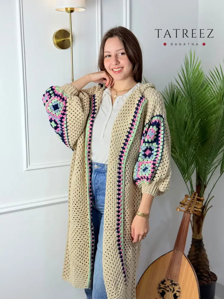 Handmade Crochet Beige Cardigan with Bright Colors | Tatreez Banatna Clothing & Wearables