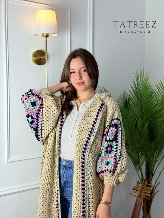 Handmade Crochet Beige Cardigan with Bright Colors | Tatreez Banatna Clothing & Wearables
