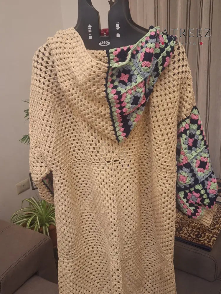 Handmade Crochet Beige Cardigan with Bright Colors | Tatreez Banatna - Clothing & Wearables