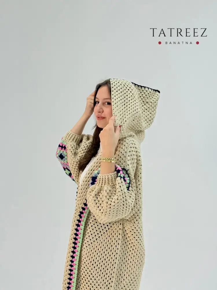 Handmade Crochet Beige Cardigan with Bright Colors | Tatreez Banatna Clothing & Wearables