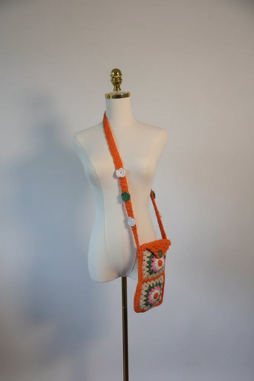 Handmade Crochet Phone Case - Orange Pink White and Beige Flower Granny Squares Accessories