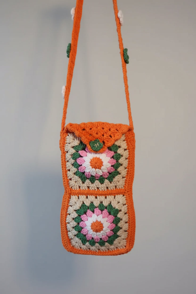 Handmade Crochet Phone Case - Orange Pink White and Beige Flower Granny Squares Accessories