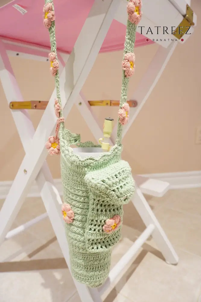Handmade Crochet Stanley Bottle Cover – Bright Green with Pink Flowers & Pocket | Alize Cotton | Fits 30oz Accessories