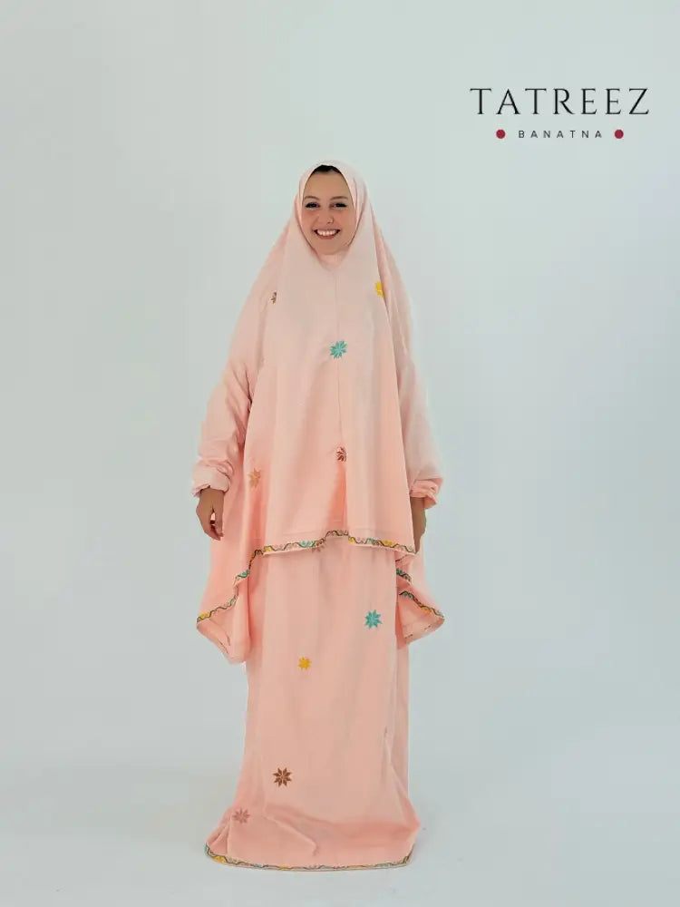 Handmade Elegant Handmade Peach Prayer Set with Star Embroidery | Two-Piece Khimar & Skirt Clothing & Wearables