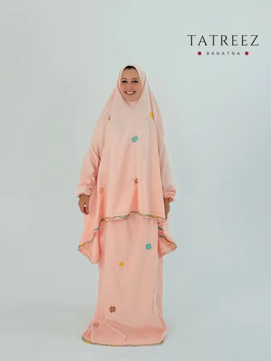Handmade Elegant Handmade Peach Prayer Set with Star Embroidery | Two-Piece Khimar & Skirt Clothing & Wearables