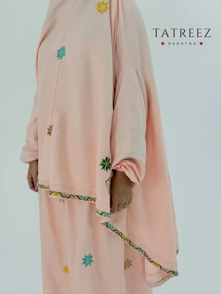 Handmade Elegant Handmade Peach Prayer Set with Star Embroidery | Two-Piece Khimar & Skirt Clothing & Wearables