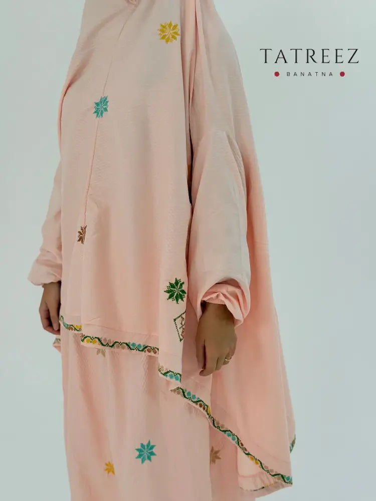 Handmade Elegant Handmade Peach Prayer Set with Star Embroidery | Two-Piece Khimar & Skirt Clothing & Wearables