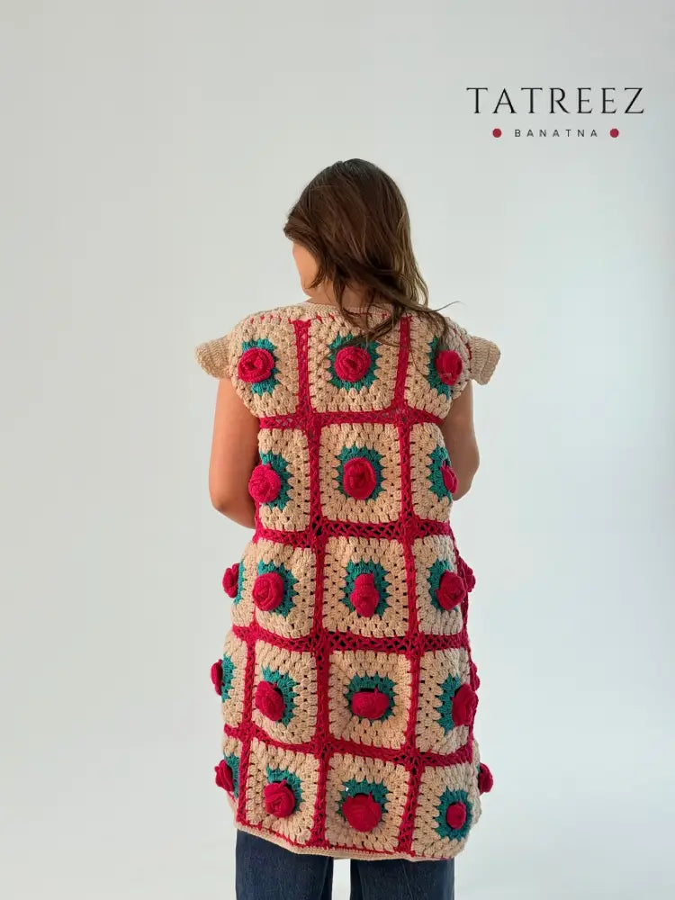 Handmade Floral Sleeveless Cardigan in Turquoise and Fuchsia Clothing & Wearables