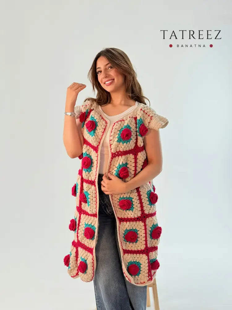 Handmade Floral Sleeveless Cardigan in Turquoise and Fuchsia Clothing & Wearables