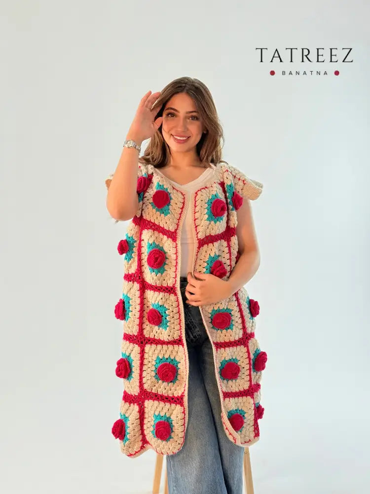 Handmade Floral Sleeveless Cardigan in Turquoise and Fuchsia Clothing & Wearables