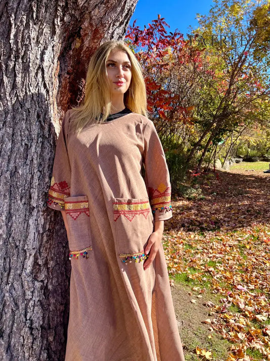 Handmade Fusion Thoub Beige with Tatreez Embroidery - Premium Linen & DMC Thread One size Clothing & Wearables