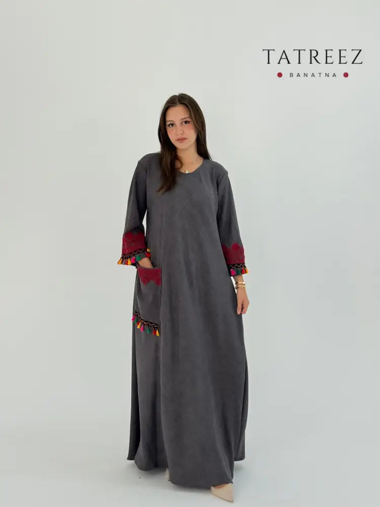 Handmade Grey Linen Dress with Red Embroidery & Sharasheeb One size Clothing & Wearables
