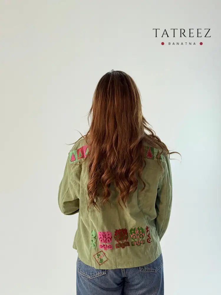 Handmade Light Green Denim Jacket with Colorful Back Embroidery | Unique Artisan Style Clothing & Wearables