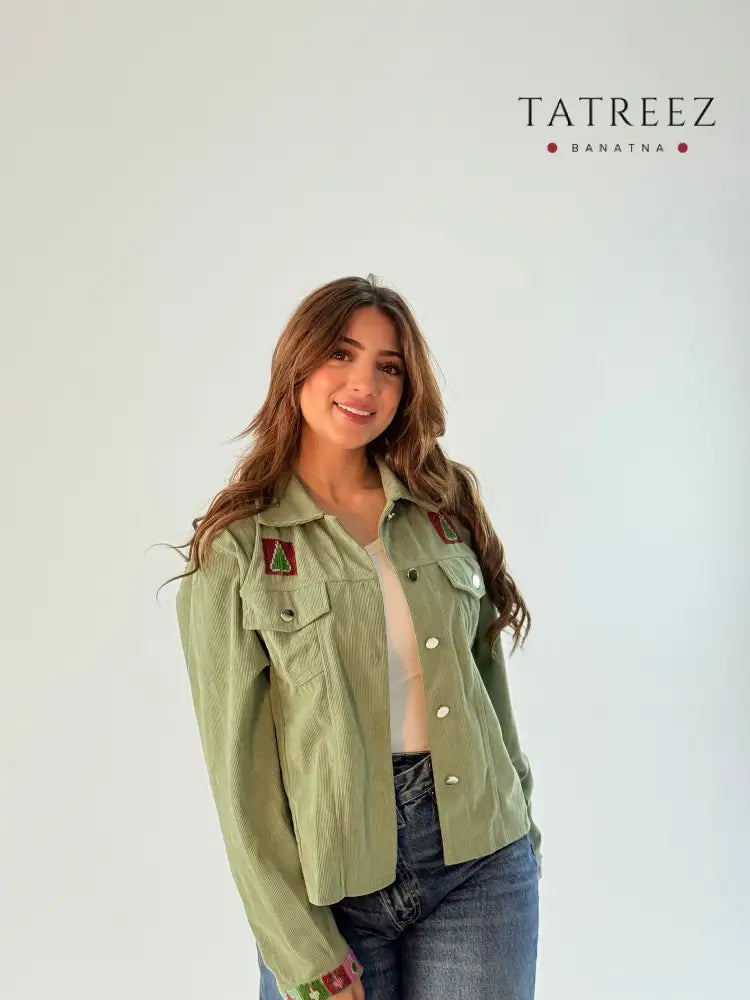 Handmade Light Green Denim Jacket with Colorful Back Embroidery | Unique Artisan Style Clothing & Wearables