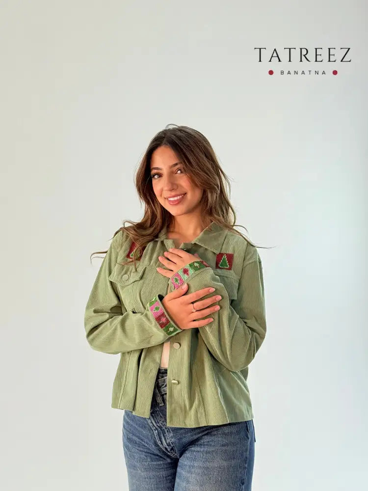 Handmade Light Green Denim Jacket with Colorful Back Embroidery | Unique Artisan Style Clothing & Wearables