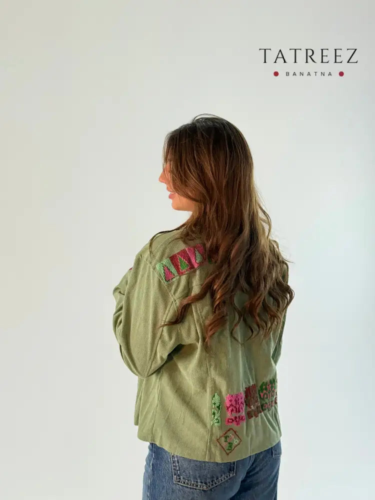Handmade Light Green Denim Jacket with Colorful Back Embroidery | Unique Artisan Style Clothing & Wearables
