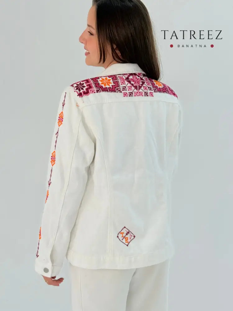 Handmade White Jeans Jacket with Red Embroidery - Modern & Traditional Blend Clothing & Wearables
