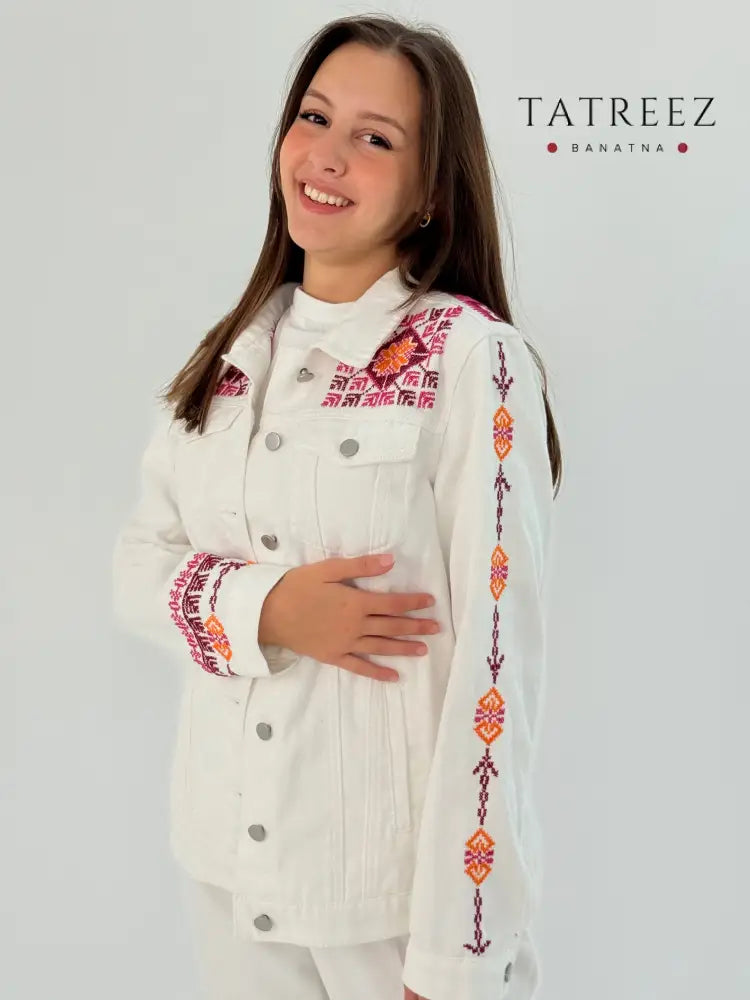 Handmade White Jeans Jacket with Red Embroidery - Modern & Traditional Blend Clothing & Wearables