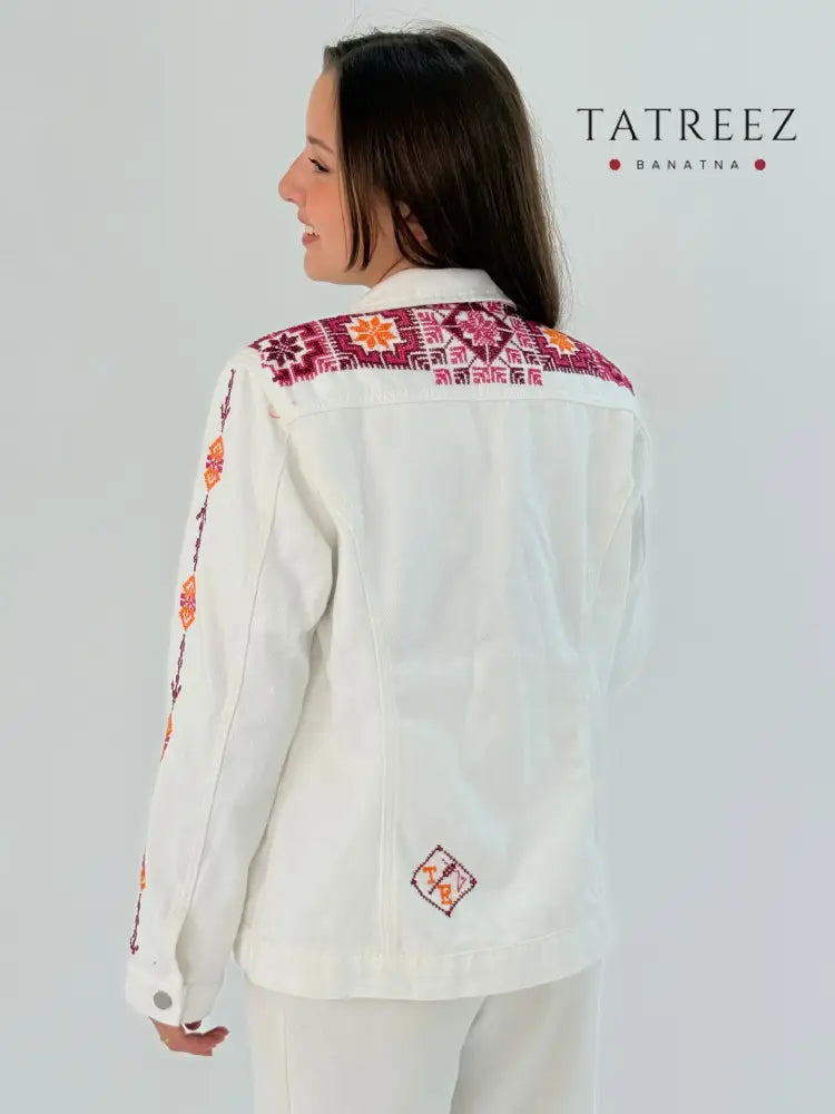 Handmade White Jeans Jacket with Red Embroidery - Modern & Traditional Blend Clothing & Wearables