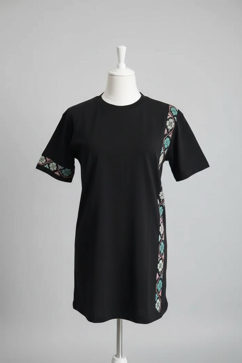 Harmony T-Shirt: Modern Black Tee with Hand Embroidered Flowers in Light Teal & Peach Clothing & Wearables