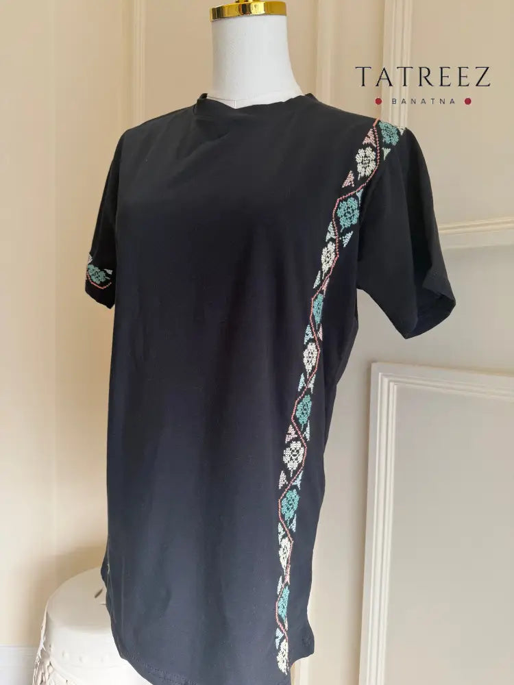 Harmony T-Shirt: Modern Black Tee with Hand Embroidered Flowers in Light Teal & Peach Clothing & Wearables