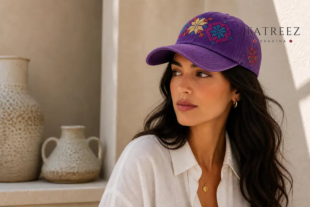 Harmony Purple Hat – Handmade Palestinian Flower Embroidery - Clothing & Wearables