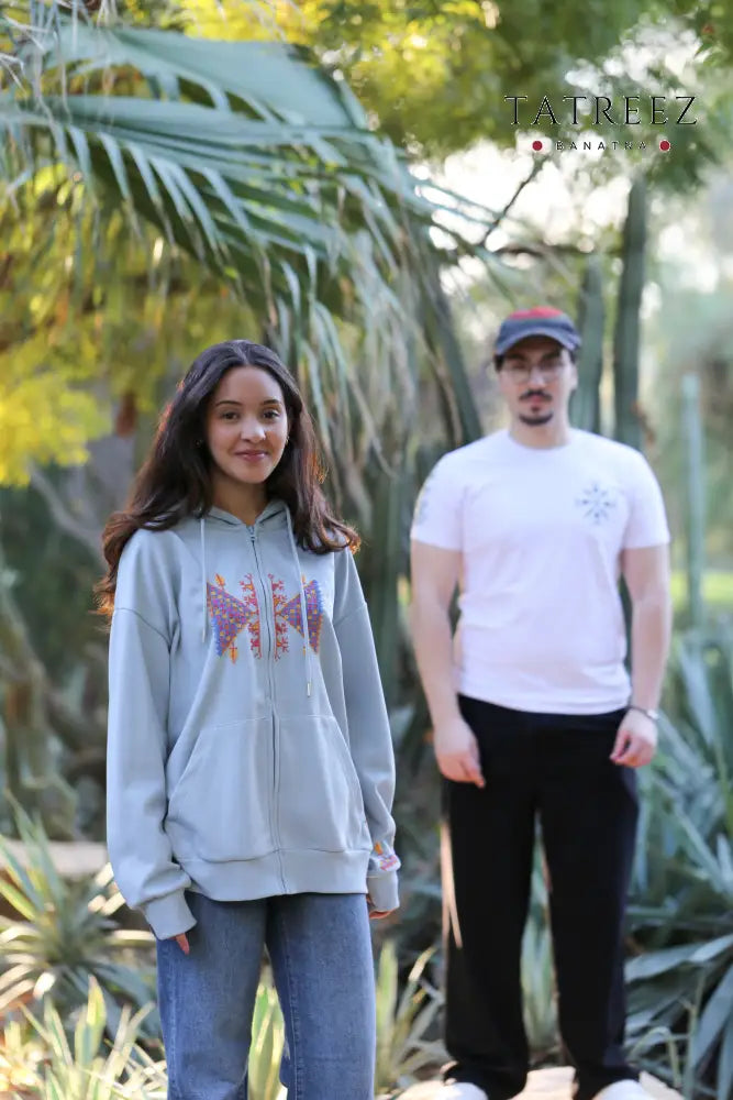 Heritage Zipper Hoodie: Light Blue with Vibrant Handmade Embroidery & Simple Tradition Clothing & Wearables