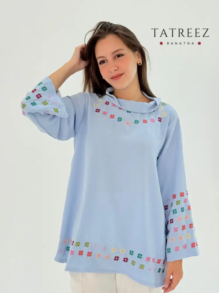 Handmade High Neck Baby Blue Cotton Top - Fusion of Modern and Traditional Clothing & Wearables