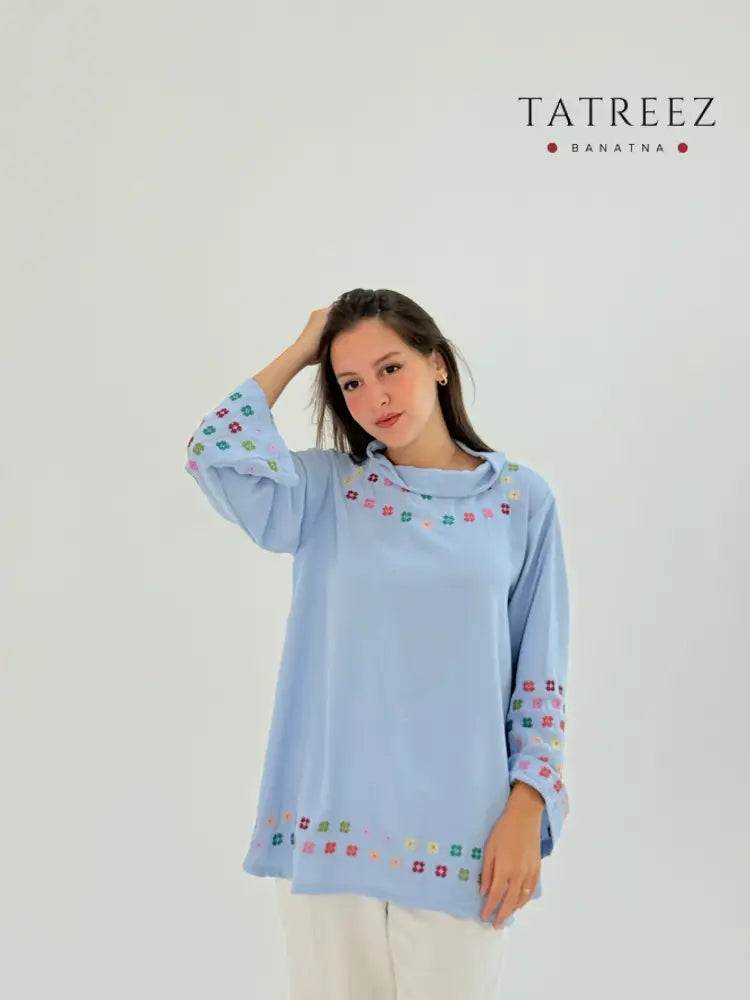 Baby blue cotton top shirt with modern navy and blue fusion embroidery, handmade for everyday wear.