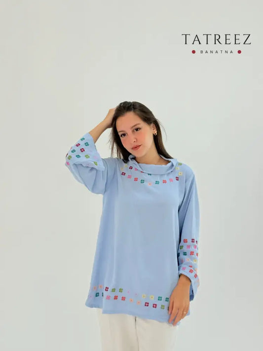 Baby blue cotton top shirt with modern navy and blue fusion embroidery, handmade for everyday wear.