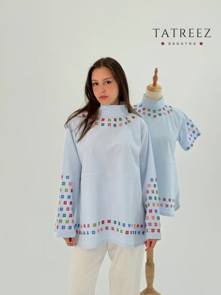 Handmade High Neck Baby Blue Cotton Top with Short Sleeves - Tradition Meets Modern Style Clothing & Wearables