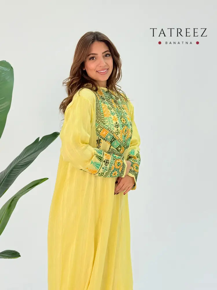 Jasmine Abaya: Jasmine Abaya: Handmade Elegant Yellow Chiffon with Green Embroidery – Customizable for Every Occasion