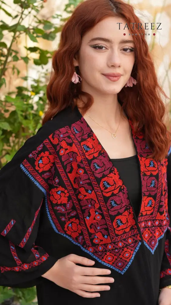 Jawhara Black Chiffon Top | Handmade with Red and Blue Embroidery - One size - Clothing & Wearables