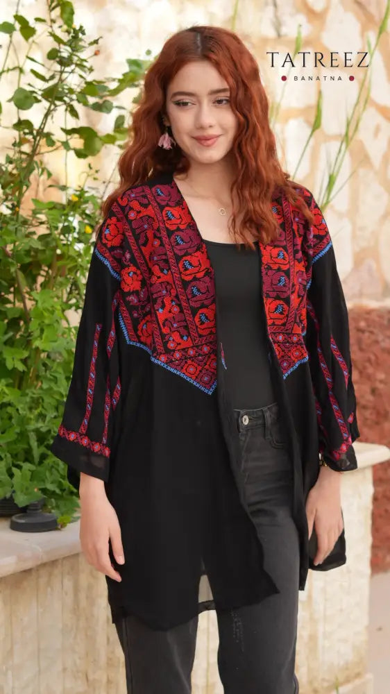 Jawhara Black Chiffon Top | Handmade with Red and Blue Embroidery - One size - Clothing & Wearables