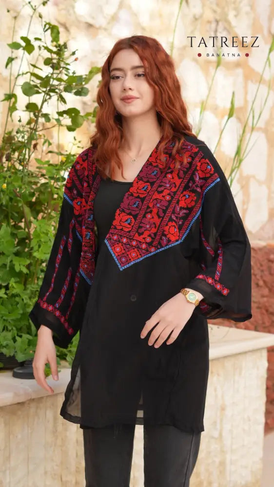 Jawhara Black Chiffon Top | Handmade with Red and Blue Embroidery - One size - Clothing & Wearables