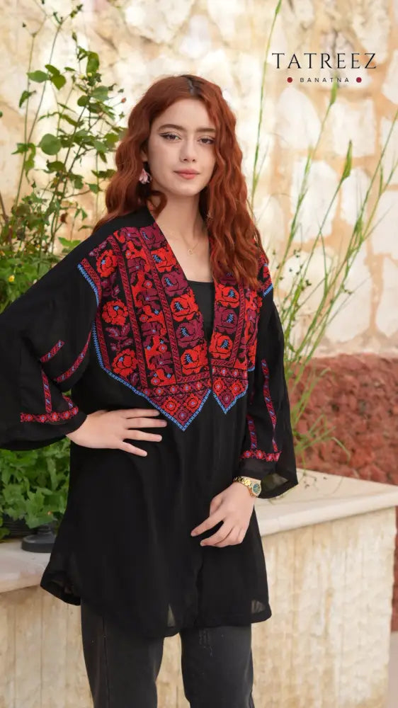 Jawhara Black Chiffon Top | Handmade with Red and Blue Embroidery - One size - Clothing & Wearables