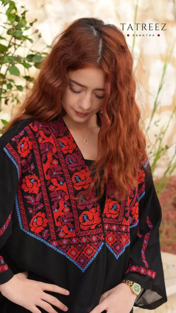 Jawhara Black Chiffon Top | Handmade with Red and Blue Embroidery - One size - Clothing & Wearables