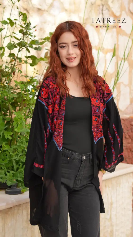 Jawhara Black Chiffon Top | Handmade with Red and Blue Embroidery - One size - Clothing & Wearables