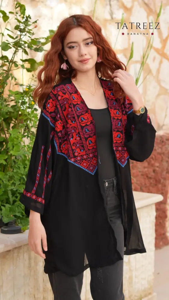Jawhara Black Chiffon Top | Handmade with Red and Blue Embroidery - One size - Clothing & Wearables