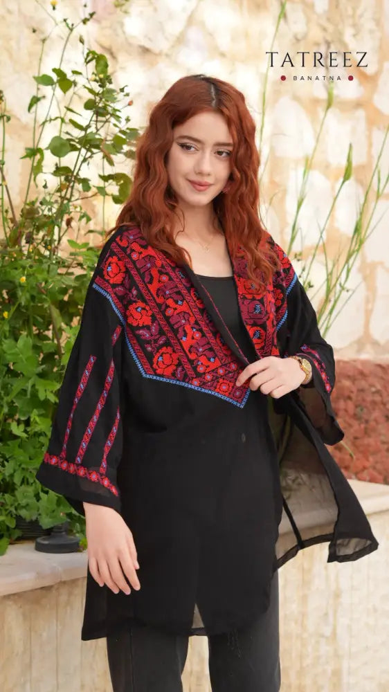 Jawhara Black Chiffon Top | Handmade with Red and Blue Embroidery - One size - Clothing & Wearables