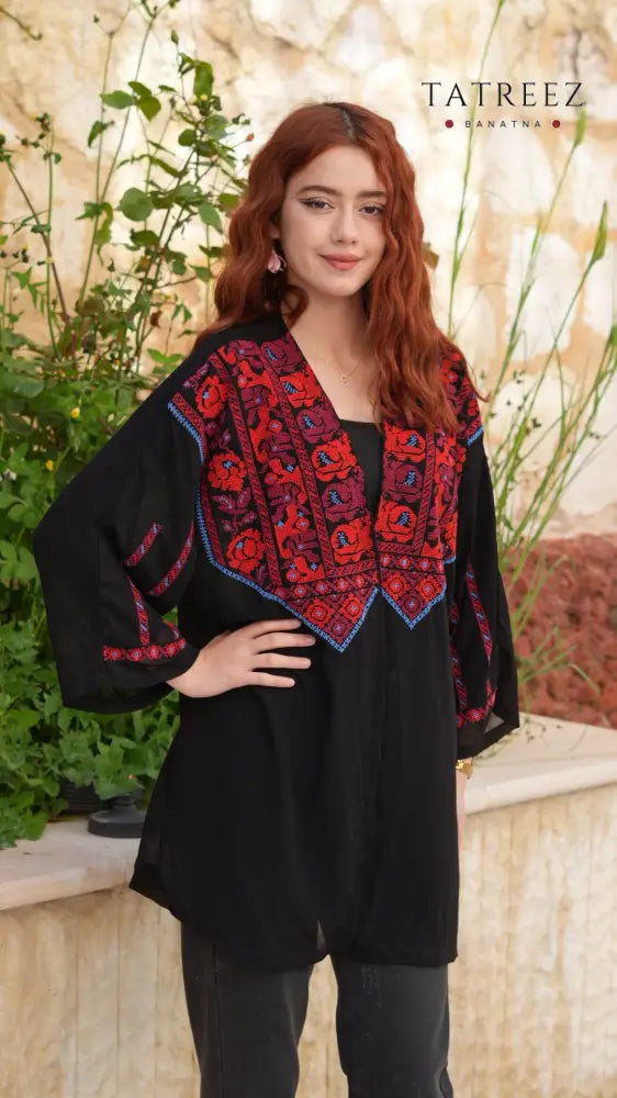 Jawhara Black Chiffon Top | Handmade with Red and Blue Embroidery - One size - Clothing & Wearables