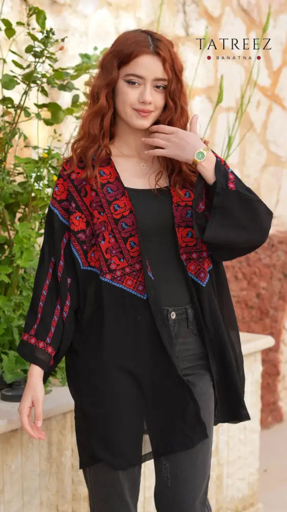 Jawhara Black Chiffon Top | Handmade with Red and Blue Embroidery - One size - Clothing & Wearables
