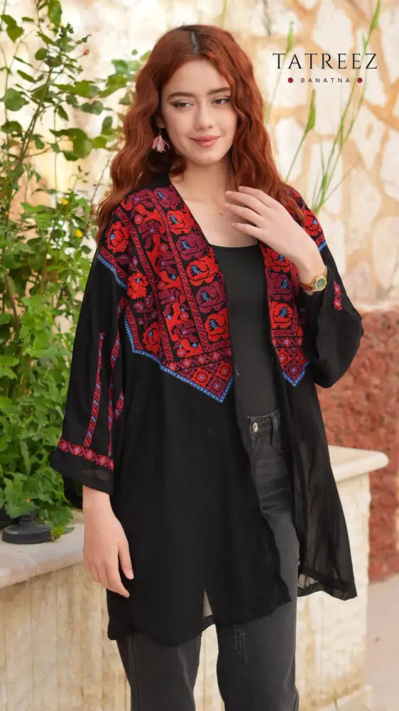Jawhara Black Chiffon Top | Handmade with Red and Blue Embroidery - One size - Clothing & Wearables
