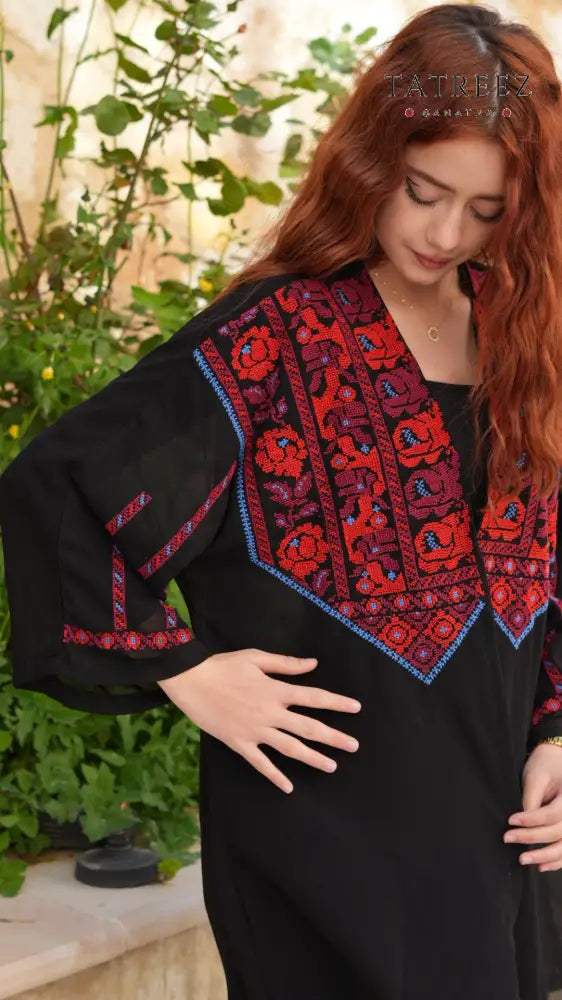 Jawhara Black Chiffon Top | Handmade with Red and Blue Embroidery - One size - Clothing & Wearables