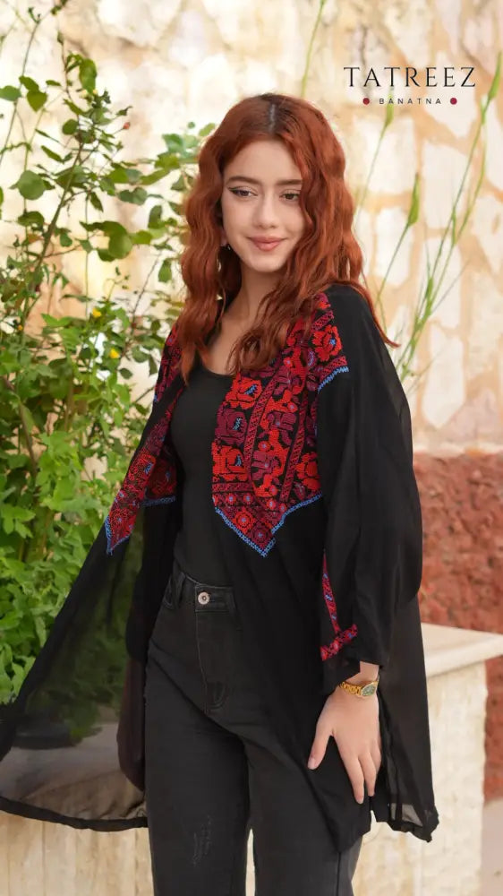 Jawhara Black Chiffon Top | Handmade with Red and Blue Embroidery - One size - Clothing & Wearables