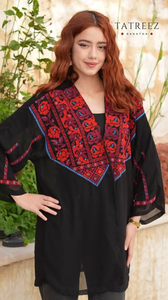 Jawhara Black Chiffon Top | Handmade with Red and Blue Embroidery - One size - Clothing & Wearables